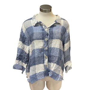 Habitat Womens Top Shirt Button Up Plaid Blue Lagenlook Art To Wear Linen Sz. L